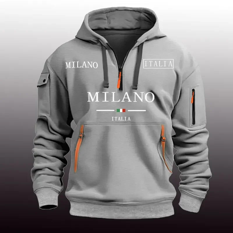 Moletom esportivo casual masculino primavera e outono moda braço bolso puxar corda com capuz cor sólida solta blusa de manga comprida pulôver