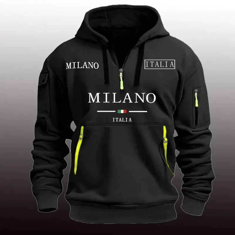 Moletom esportivo casual masculino primavera e outono moda braço bolso puxar corda com capuz cor sólida solta blusa de manga comprida pulôver