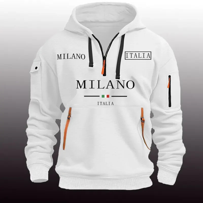 Moletom esportivo casual masculino primavera e outono moda braço bolso puxar corda com capuz cor sólida solta blusa de manga comprida pulôver