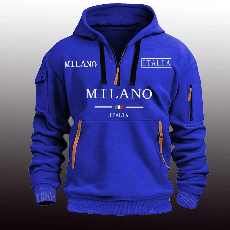 Moletom esportivo casual masculino primavera e outono moda braço bolso puxar corda com capuz cor sólida solta blusa de manga comprida pulôver