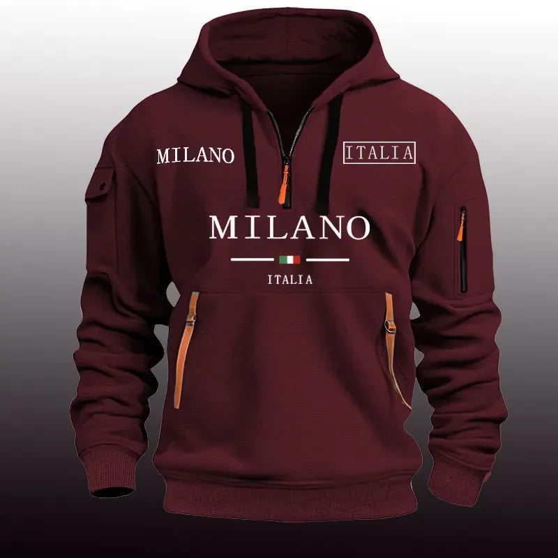 Moletom esportivo casual masculino primavera e outono moda braço bolso puxar corda com capuz cor sólida solta blusa de manga comprida pulôver