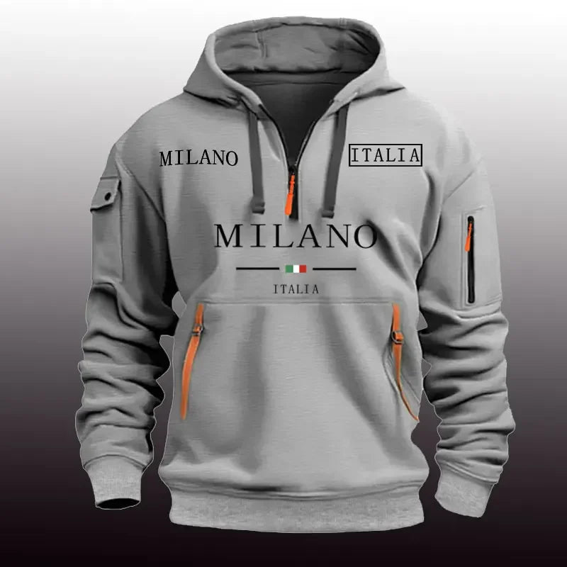 Moletom esportivo casual masculino primavera e outono moda braço bolso puxar corda com capuz cor sólida solta blusa de manga comprida pulôver