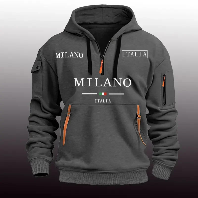 Moletom esportivo casual masculino primavera e outono moda braço bolso puxar corda com capuz cor sólida solta blusa de manga comprida pulôver