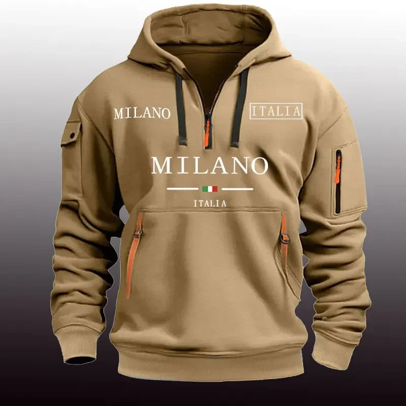 Moletom esportivo casual masculino primavera e outono moda braço bolso puxar corda com capuz cor sólida solta blusa de manga comprida pulôver