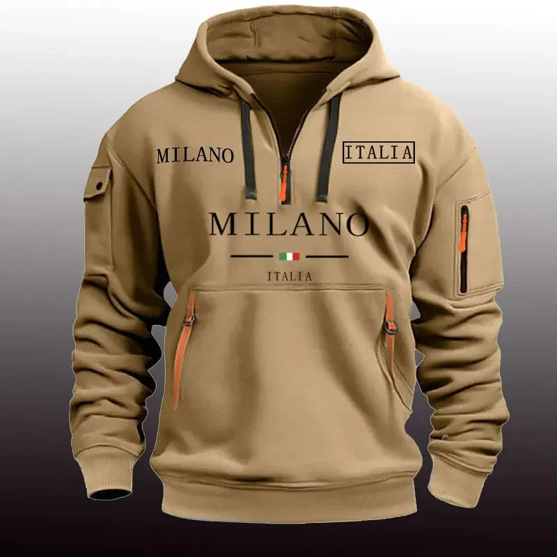 Moletom esportivo casual masculino primavera e outono moda braço bolso puxar corda com capuz cor sólida solta blusa de manga comprida pulôver